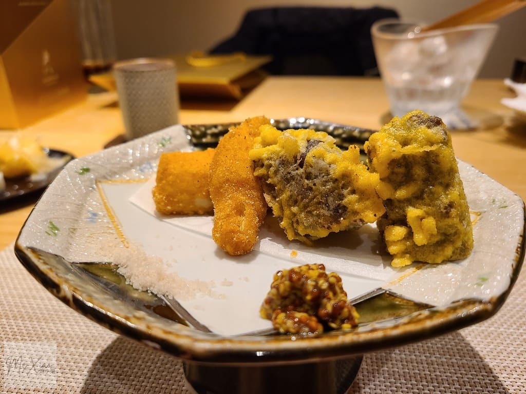 炸和牛腮和炸茭白筍佐芥末籽