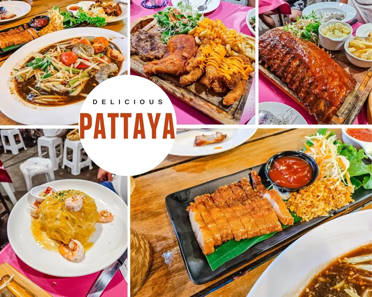 這張圖片展示了多種誘人的芭達雅美食，是芭達雅旅遊中不可錯過的餐飲體驗。其中包括芭達雅必吃的泰式料理，如新鮮的海鮮、烤肉和特色的泰式沙拉，以及美味的西式料理。