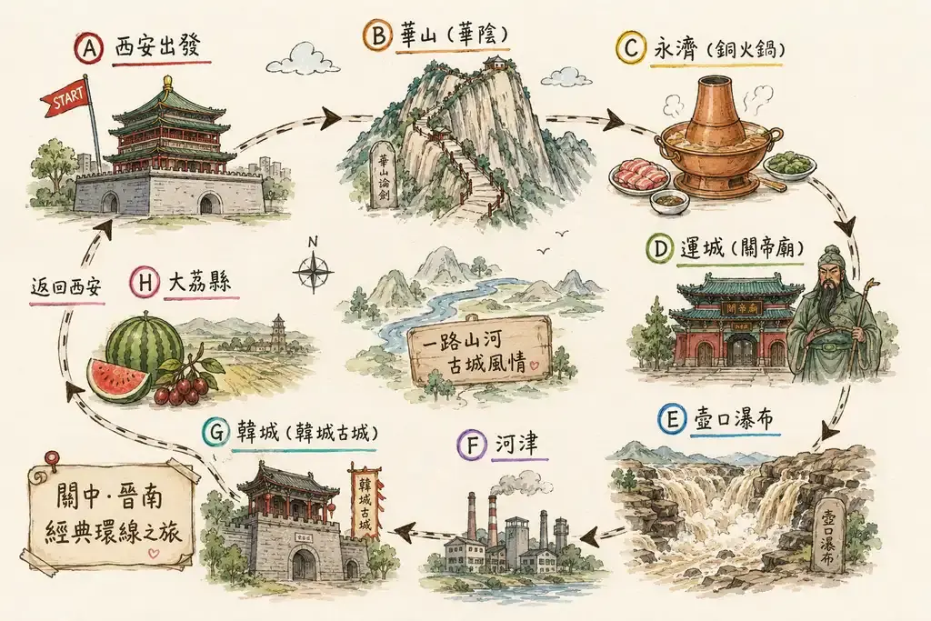 山西陝西大陸自駕遊路線圖:從西安出發,途經華山、永濟銅火鍋、解州關帝廟、壺口瀑布、韓城古城與大荔縣的 3 天 2 夜黃河環線地圖。