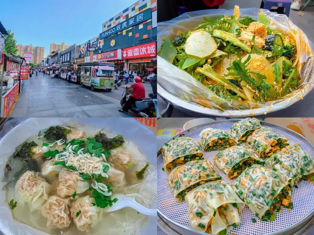 陝西大荔縣東府廣場夜市美食小吃拼圖:包含熱鬧的攤販街景、淋上爽口辣油的在地涼菜、湯頭清澈的小餛飩,以及關中特色麵食「菜龍龍」等經典東府日常小吃。