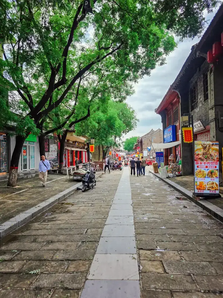 韓城古城保存完整的明清古街道景致,兩旁古色古香的商店林立,立有薛家羊肉餄餎等在地特色美食餐飲招牌,高大的綠樹成蔭營造出悠閒的慢遊氛圍。